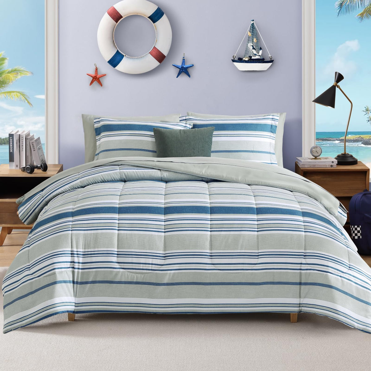 Plaid Full Size Comforter Set Blue Grey 7 Pieces Farmhouse Bed in a Bag