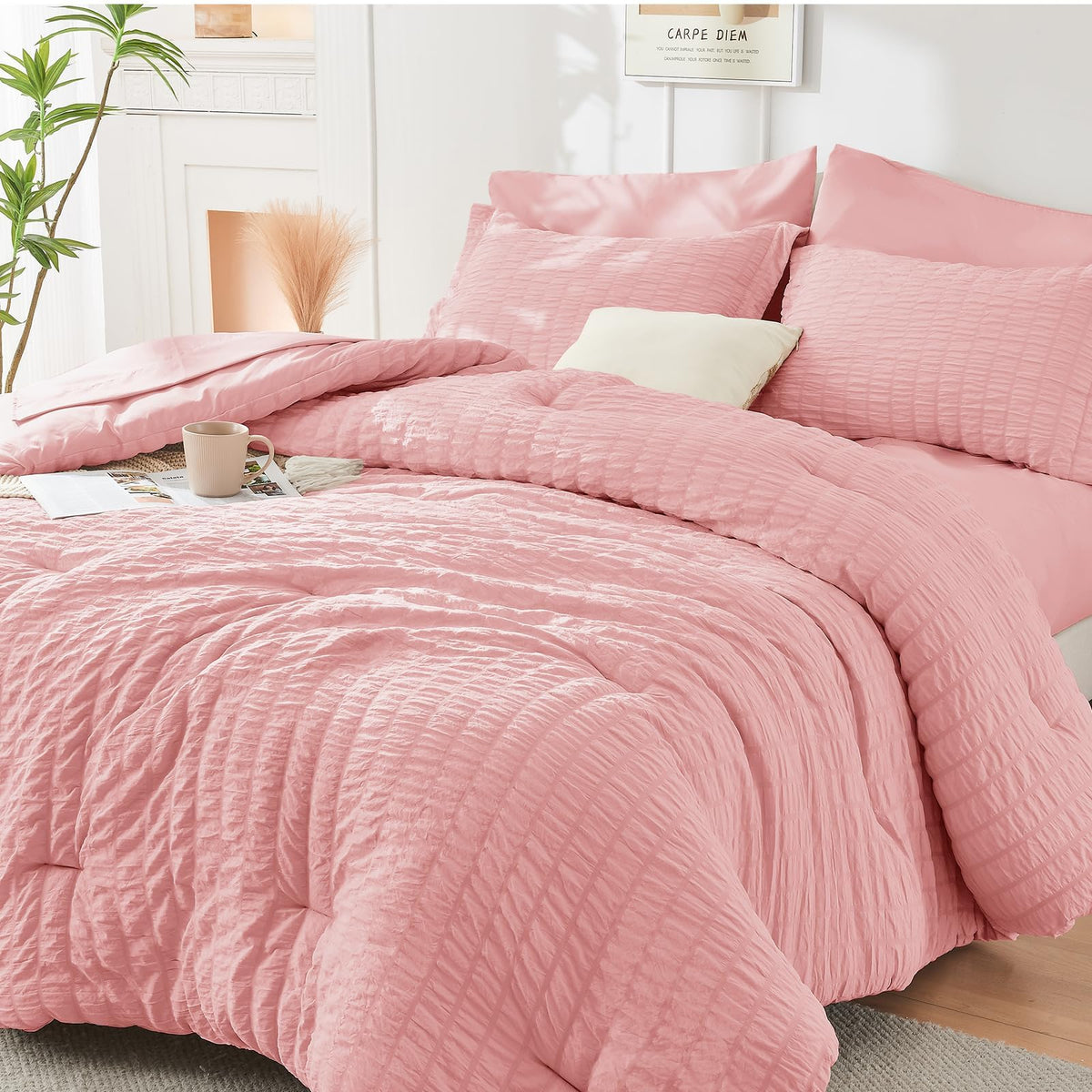 Full Comforter Set - 7PCS Bed in a Bag, Seersucker Bedding Set, Dark Grey