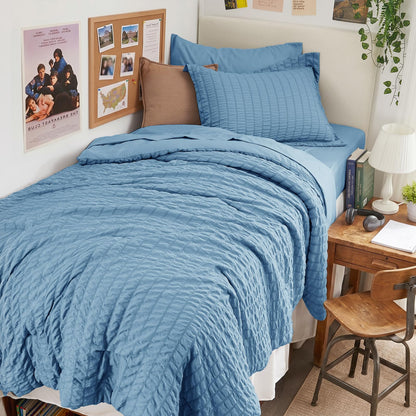 Queen Comforter Set - 7PCS Bed in a Bag, Seersucker Bedding Set, Beige