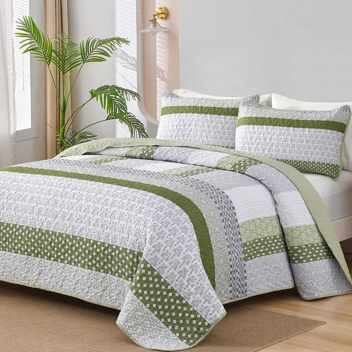 WONGS BEDDING Grey Queen Size Quilt Set, Boho Striped Bedspread