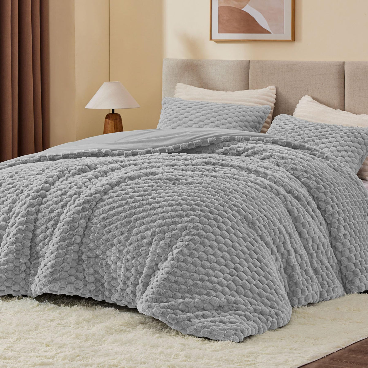 BEDELITE Fluffy Queen Comforter Set, Dark Grey Fleece Bed Set 3 Pieces