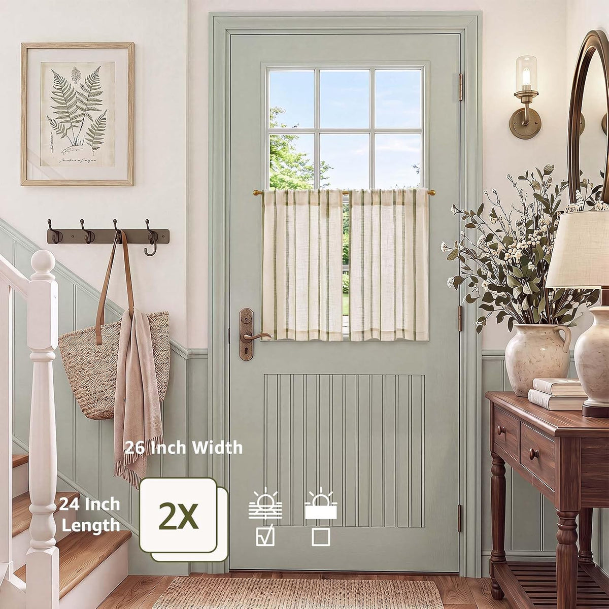 jinchan Linen Striped Tier Curtains for Kitchen Windows Green 26 x 24 inch