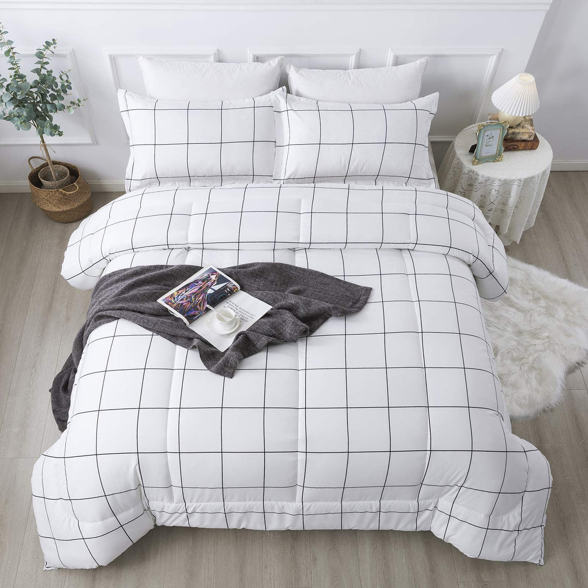 Andency Tan Gingham Comforter Set Twin, Brown Checkered Grid Plaid Bedding