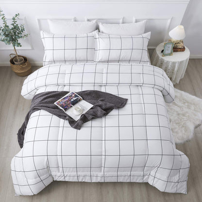 Andency Tan Gingham Comforter Set Twin, Brown Checkered Grid Plaid Bedding