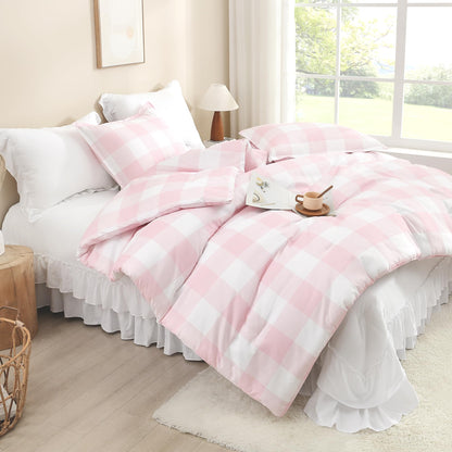 Andency Tan Gingham Comforter Set Twin, Brown Checkered Grid Plaid Bedding