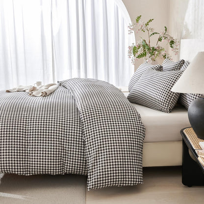Comforter Queen Set Grid Black 100% Soft Washed Microfiber Jacquard 3 Pieces Grid Bedding Sets Grey White Comforter Queen for All Seasons and 2 Pillowcases Comfort Breathable