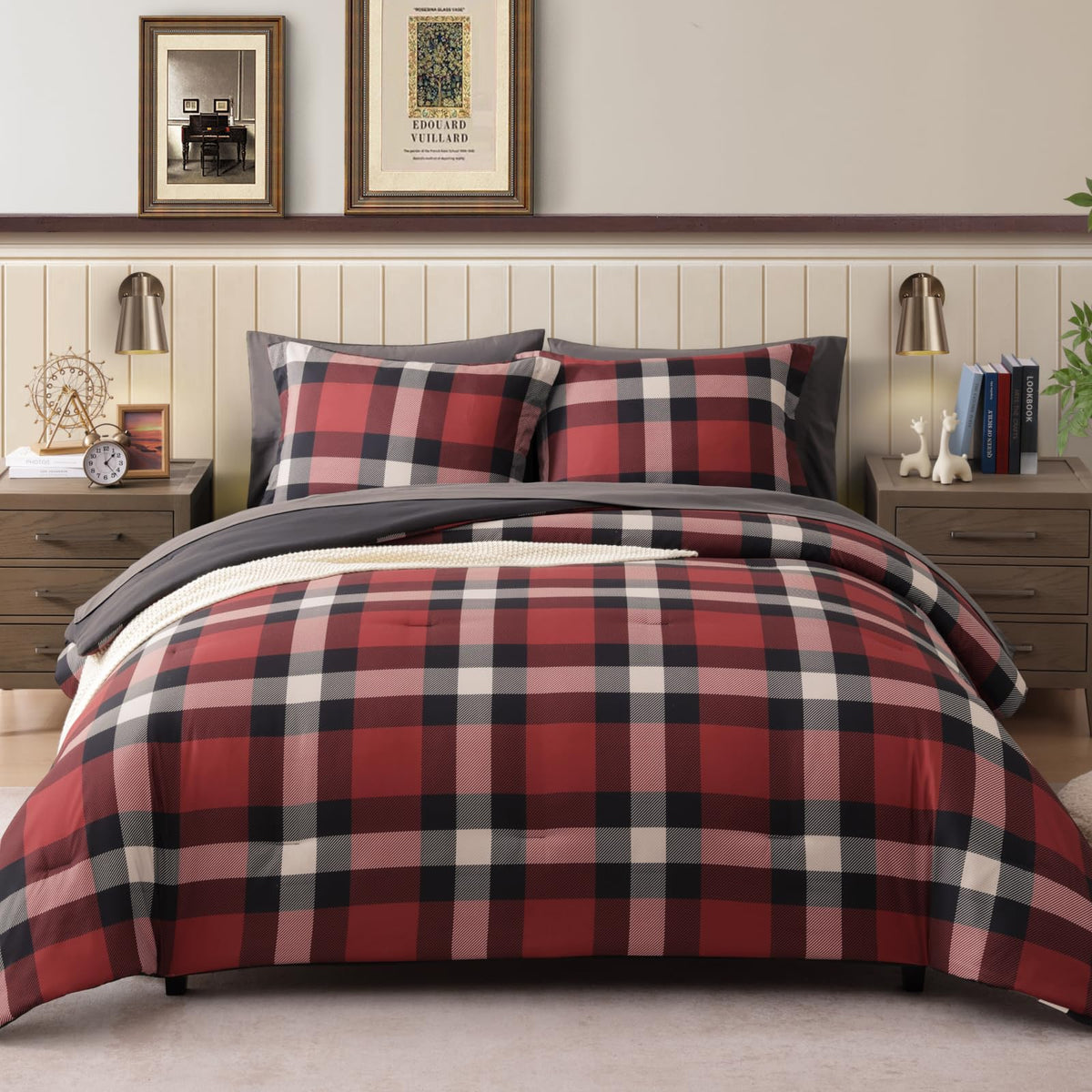 Plaid Full Size Comforter Set Blue Grey 7 Pieces Farmhouse Bed in a Bag