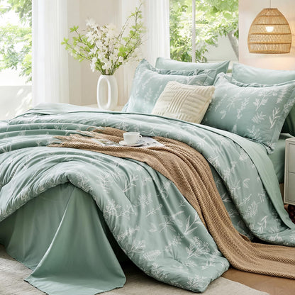 MUXHOMO Queen Comforter Set, 7-Piece Floral Bed in a Bag, Sage Green