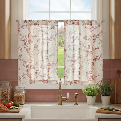 jinchan Floral Linen Kitchen Tier Curtains, 24 Inch, 2 Panels, Green