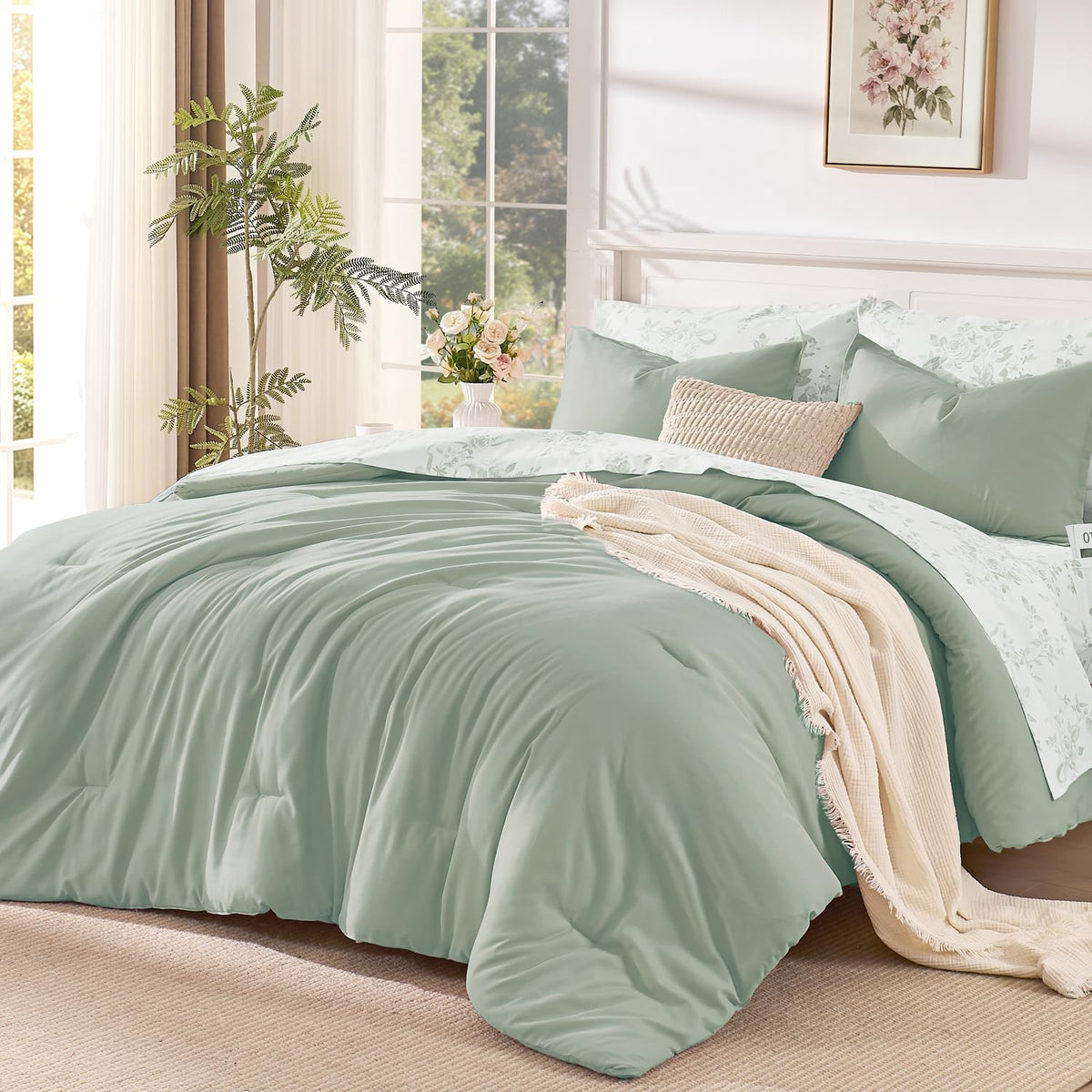 Litanika Floral Queen Comforter Set, 7 Peices Olive Green Bed in a Bag