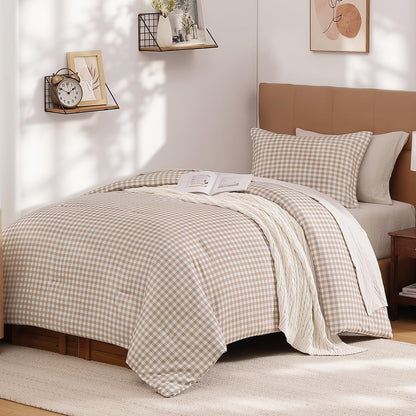 Andency Tan Gingham Comforter Set Twin, Brown Checkered Grid Plaid Bedding