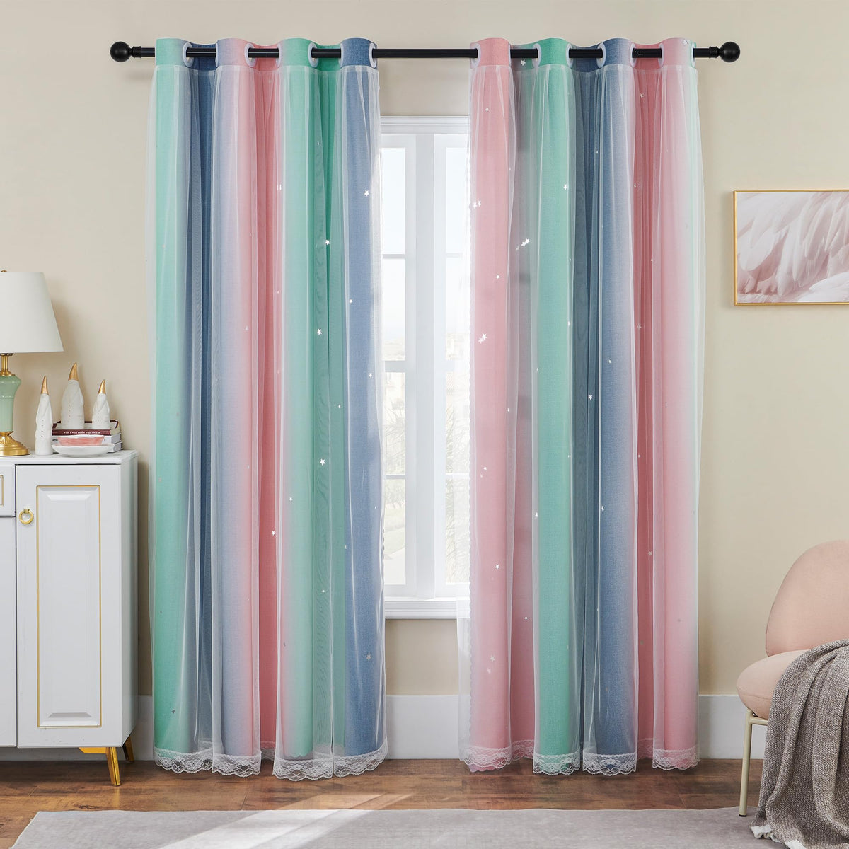 XiDi Curtains for Girls Bedroom Decor, Rainbow Blackout Curtains for Kids/Little Girl Room Decor, Unicorn Wall Decals,Pink Purple Green,63 x 34 inches,1 Panel