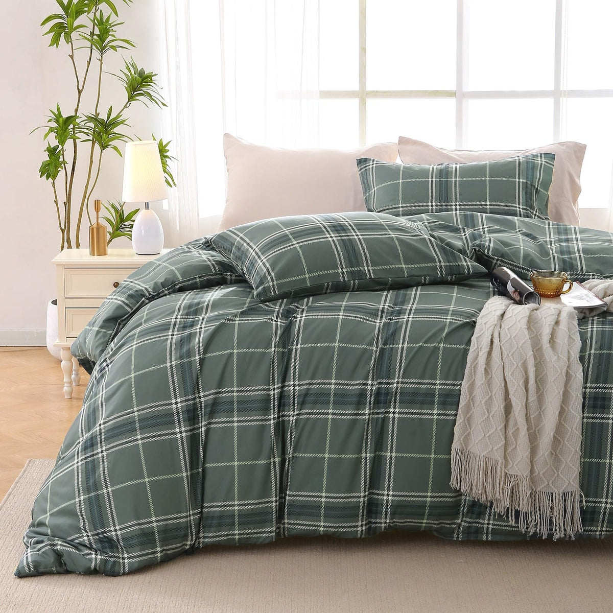 MUXHOMO Duvet Cover King Size, 3-Piece Floral Grey-Blue Bedding Set