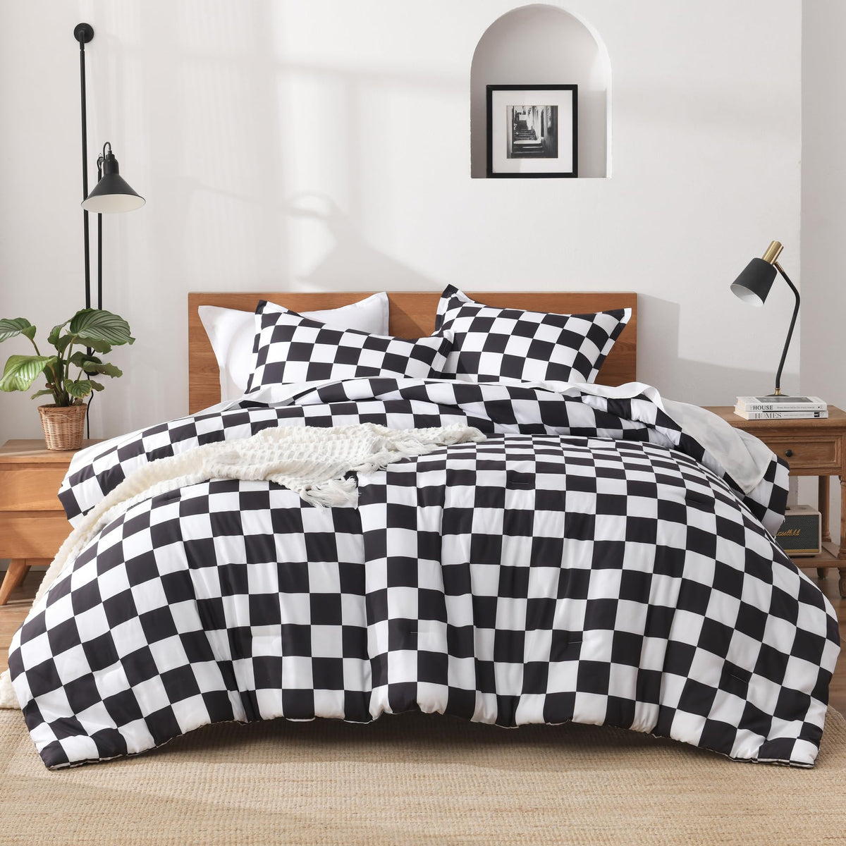 Andency Tan Gingham Comforter Set Twin, Brown Checkered Grid Plaid Bedding