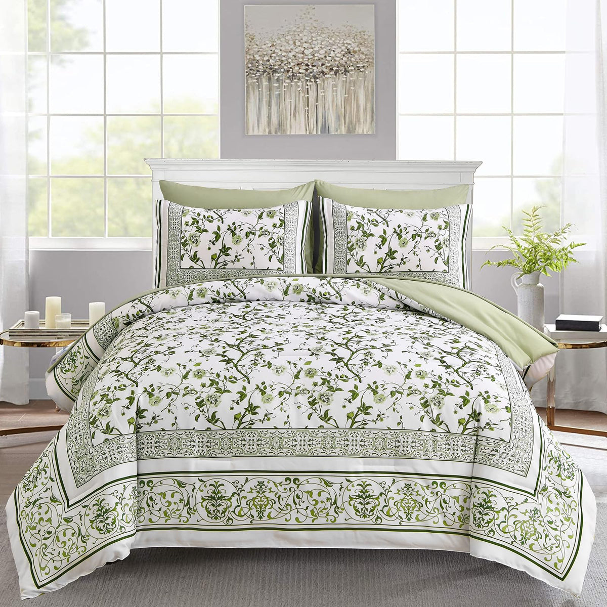 Dobuyly Floral Queen Comforter Set, 7 Piece Bed in a Bag Queen Size Blue Flowers on White Botanical Bedding Set, Soft Microfiber Bedding Comforter Sets with Sheets for All Season