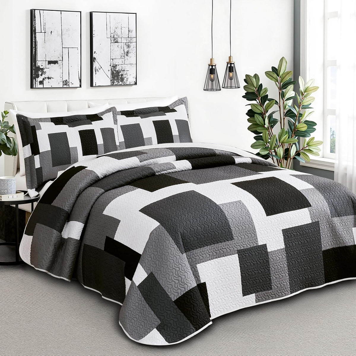 Tyrot 3 Piece Black Grey Quilt Full/Queen Size Black White Gray Bedding Set