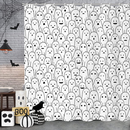 Halloween Shower Curtain, Black and White Funny Ghosts Icons Spooky Cute Halloween Bathroom Curtain Waterproof Fabric Machine Washable with Hooks, 72" Wx72 L