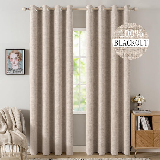 MIULEE 100% Blackout Linen Curtains for Bedroom 52x90 Inches Natural Beige