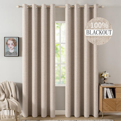 MIULEE 100% Blackout Linen Curtains for Bedroom 52x90 Inches Natural Beige