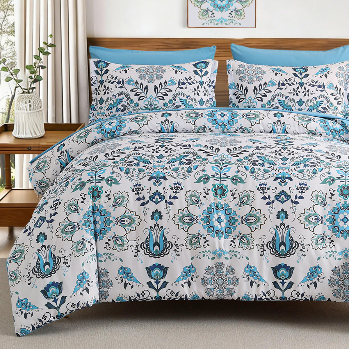 DHSFKBE Floral Comforter Set Queen Size,7 Piece Orange Bed in a Bag, Elegant Flower Pattern Comforter Set with Sheet, Soft Microfiber Complete Bedding Sets for All Season