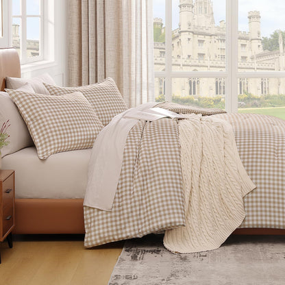Andency Tan Gingham Comforter Set Twin, Brown Checkered Grid Plaid Bedding