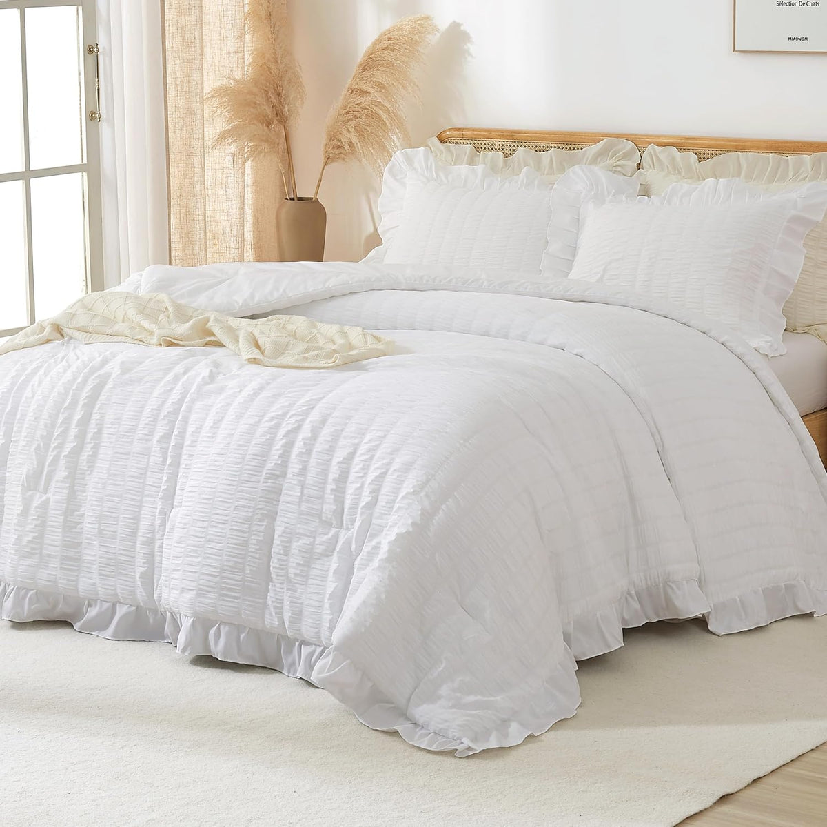 Ruffle Seersucker Queen Szie Comforter Set, Shabby Chic Bedding