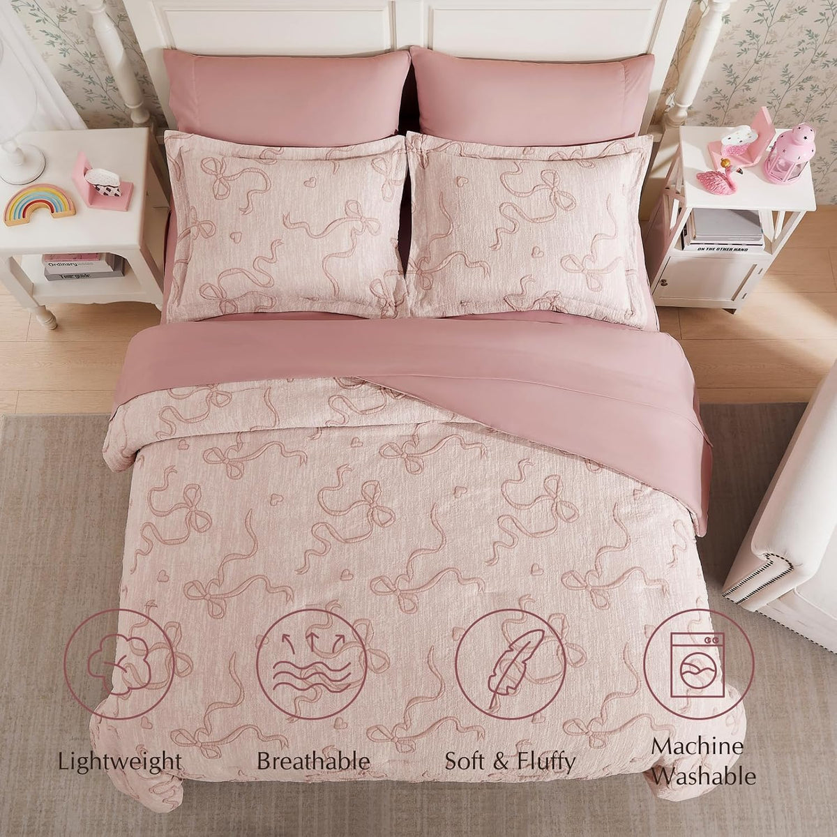 Full Size Comforter Sets for Girls - 7 Pieces Pink Bedding Bow Bed in a Bag