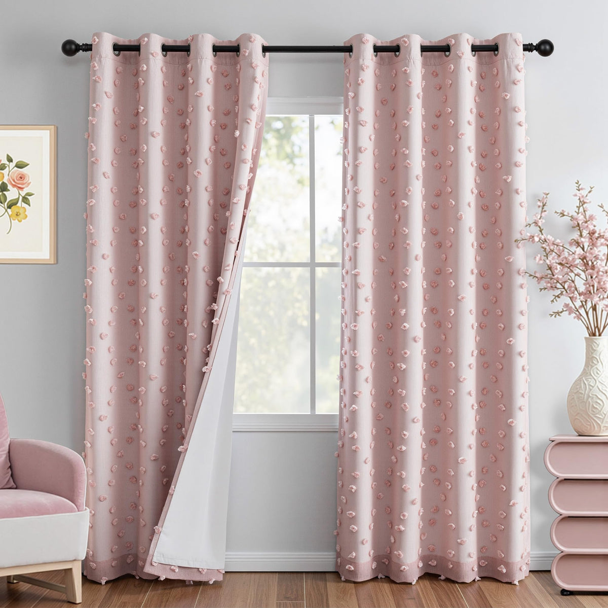 MYSKY HOME Kids Blackout Curtains for Boys Bedroom 84 Inch Long 100% Light Blocking Cute Curtains for Playing Room 2 Panels Grommet Nursery Drapes with Rainbow Pom Pom Sheer 2 Layered 50W x 84L