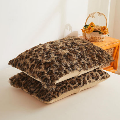 XeGe Cheetah Print Fluffy Faux Fur Duvet Cover Set, Queen, Leopard Brown