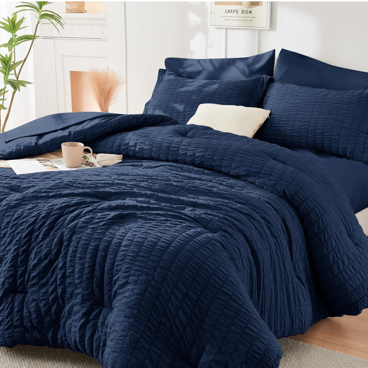 Full Comforter Set - 7PCS Bed in a Bag, Seersucker Bedding Set, Dark Grey