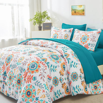 DHSFKBE Floral Comforter Set Queen Size,7 Piece Orange Bed in a Bag, Elegant Flower Pattern Comforter Set with Sheet, Soft Microfiber Complete Bedding Sets for All Season