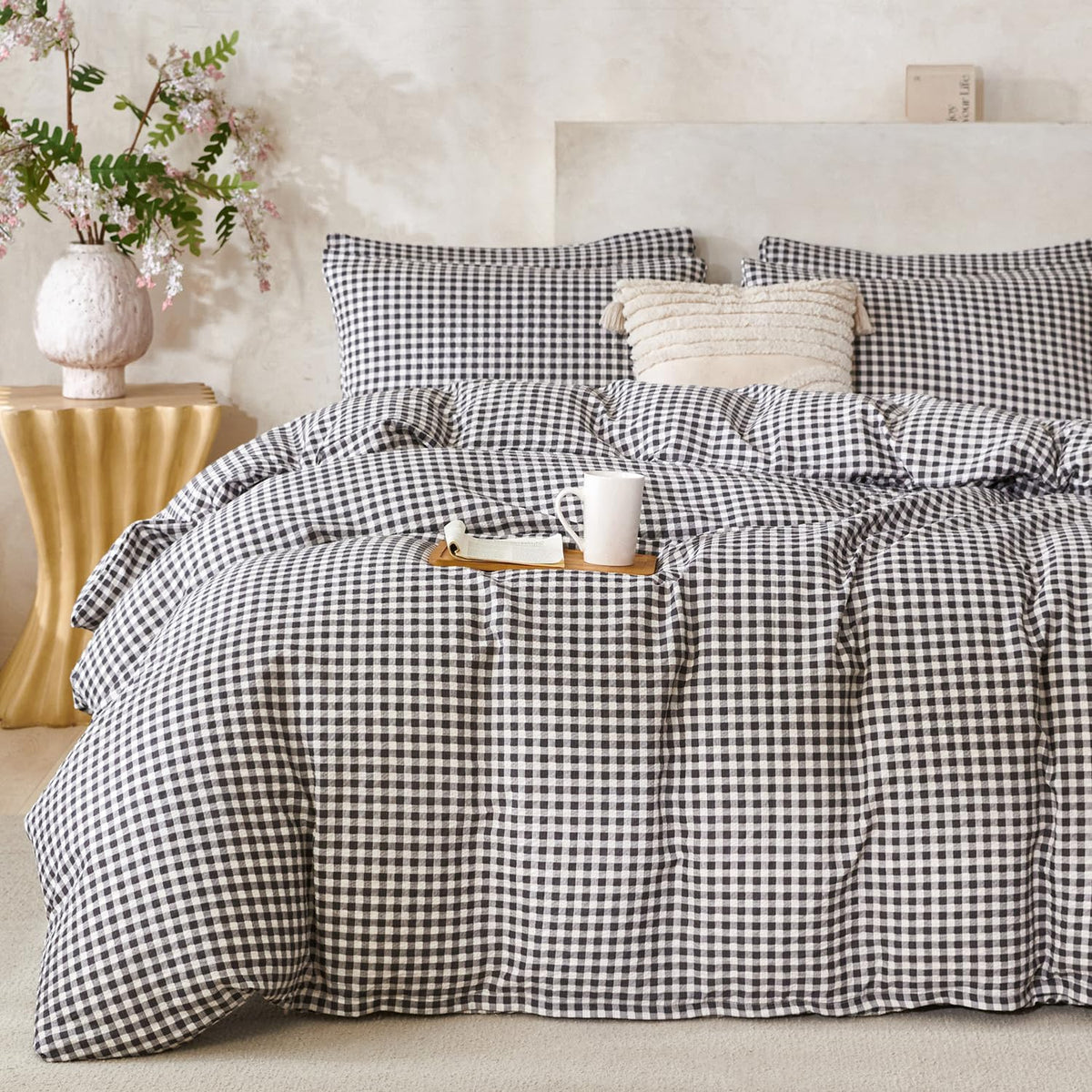 Comforter Queen Set Grid Black 100% Soft Washed Microfiber Jacquard 3 Pieces Grid Bedding Sets Grey White Comforter Queen for All Seasons and 2 Pillowcases Comfort Breathable