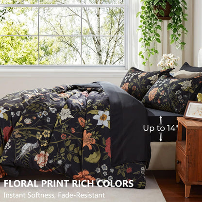 Litanika Floral Black King Comforter Set-7 Piece Botanical Birds Bedding