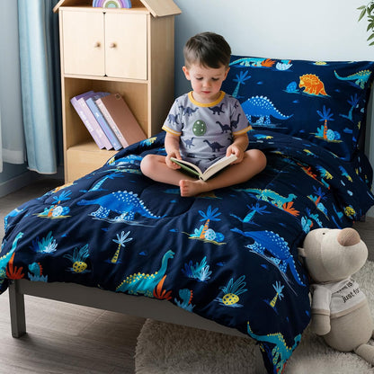 david's kids 4 Piece Toddler Bedding Set - Soft Breathable Toddler Bedding Set for Boys Girls, Includes Quilted Comforter, Flat Sheet, Fitted Sheet and Pillowcase, Dinosaur Navy