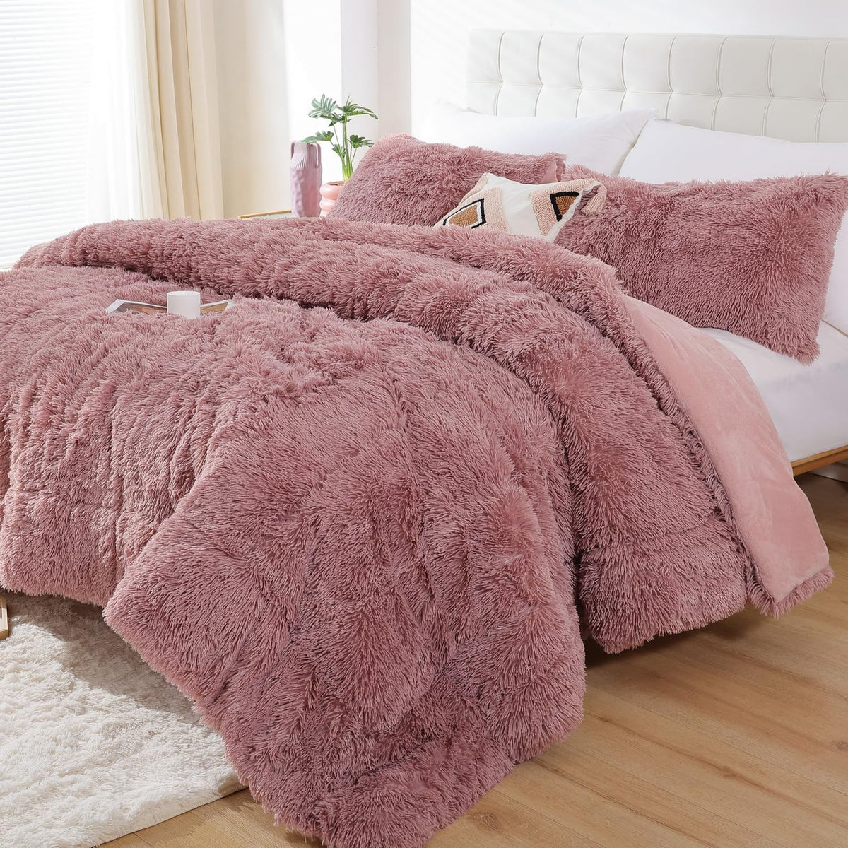 Smoofy Fluffy Queen Comforter Set, Faux Fur Pink Comforter Set 3 Pcs