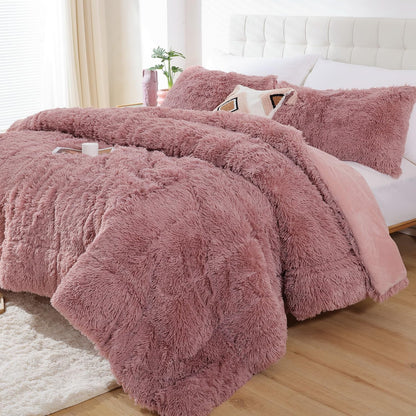 Smoofy Fluffy Queen Comforter Set, Faux Fur Pink Comforter Set 3 Pcs