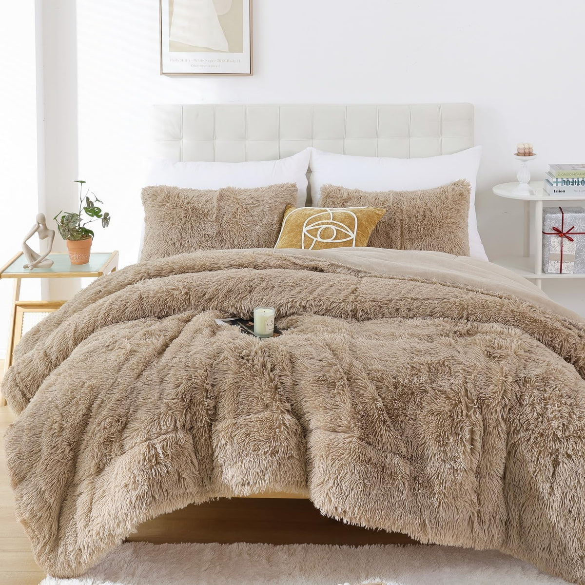 Smoofy Fluffy Queen Comforter Set, Faux Fur Pink Comforter Set 3 Pcs