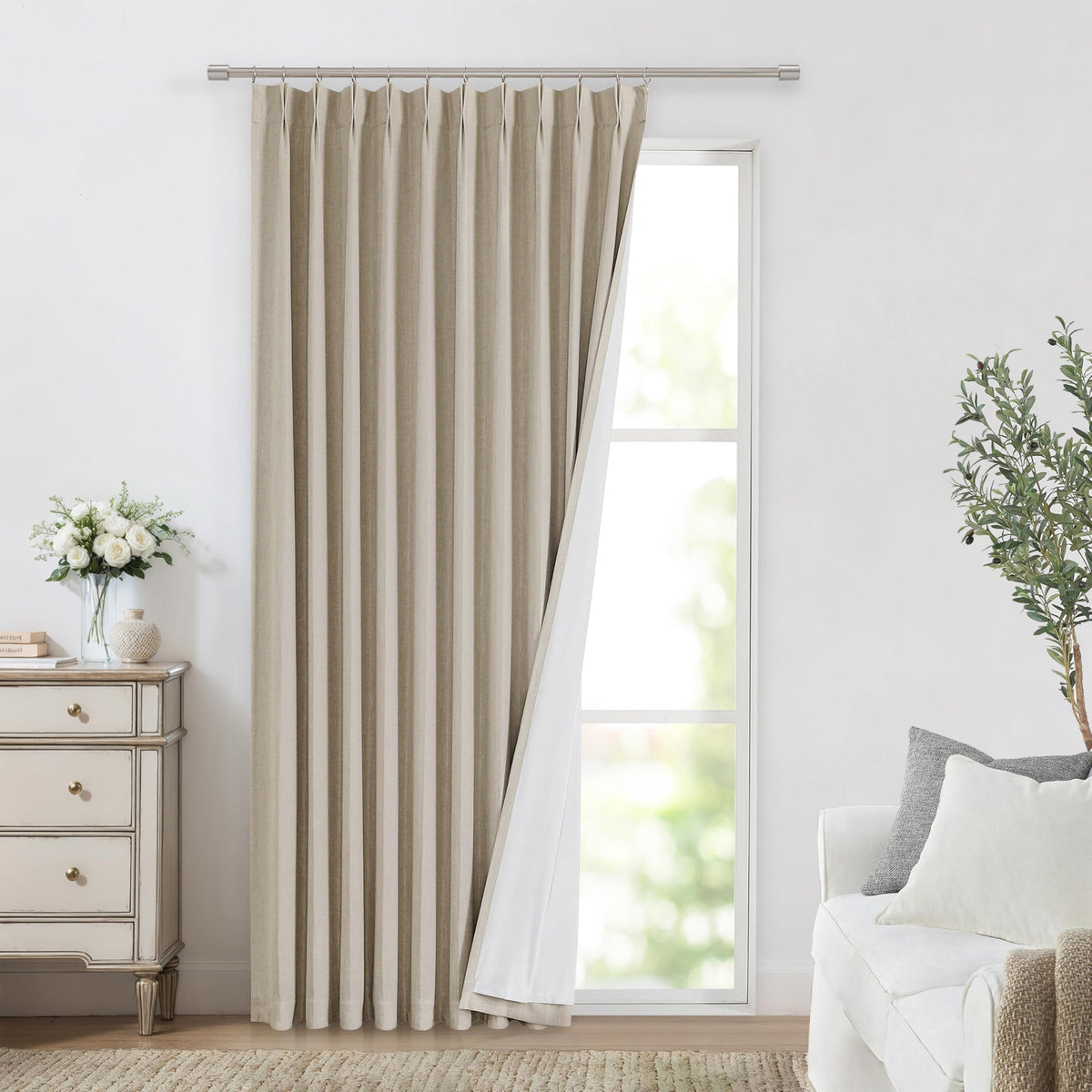 Vision Home Natural Pinch Pleated Full Blackout Curtains Linen Blended Room Darkening Window Curtains 95 inch for Living Room Bedroom Thermal Insulated Pinch Pleat Drapes with Hooks 2 Panel 40"Wx95"L