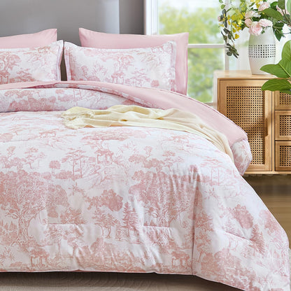 DJY Blue Comforter Set King, 7 Pieces Bed in a Bag King Size Botanical Comforters with Sheets Elegant Plants Print Soft Microfiber Reversible Complete Bedding Sets for All Season