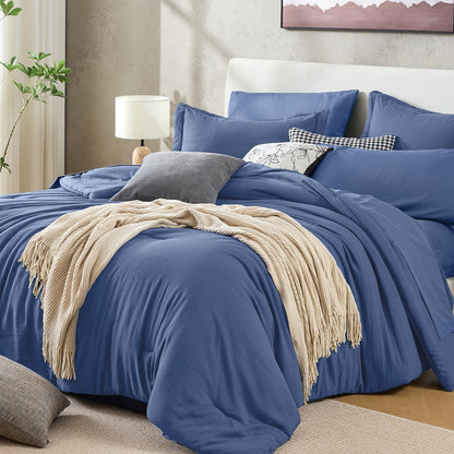 Sasttie Navy Blue Queen Comforter Set 7-Piece, Pre-Washed Bed in a Bag