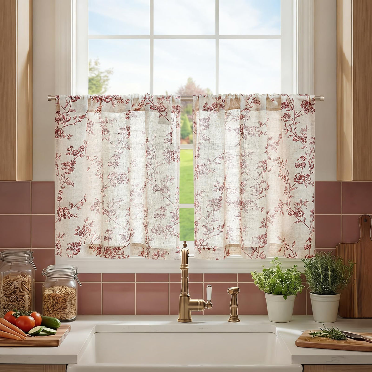 jinchan Floral Linen Kitchen Tier Curtains, 24 Inch, 2 Panels, Green