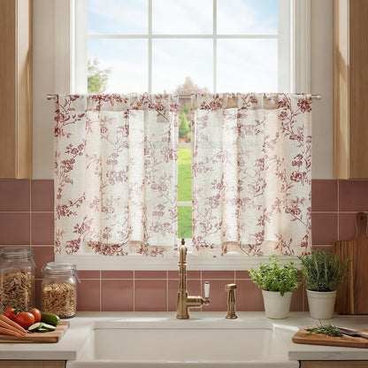 jinchan Floral Linen Kitchen Tier Curtains, 24 Inch, 2 Panels, Green