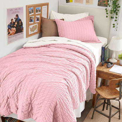 Queen Comforter Set - 7PCS Bed in a Bag, Seersucker Bedding Set, Beige