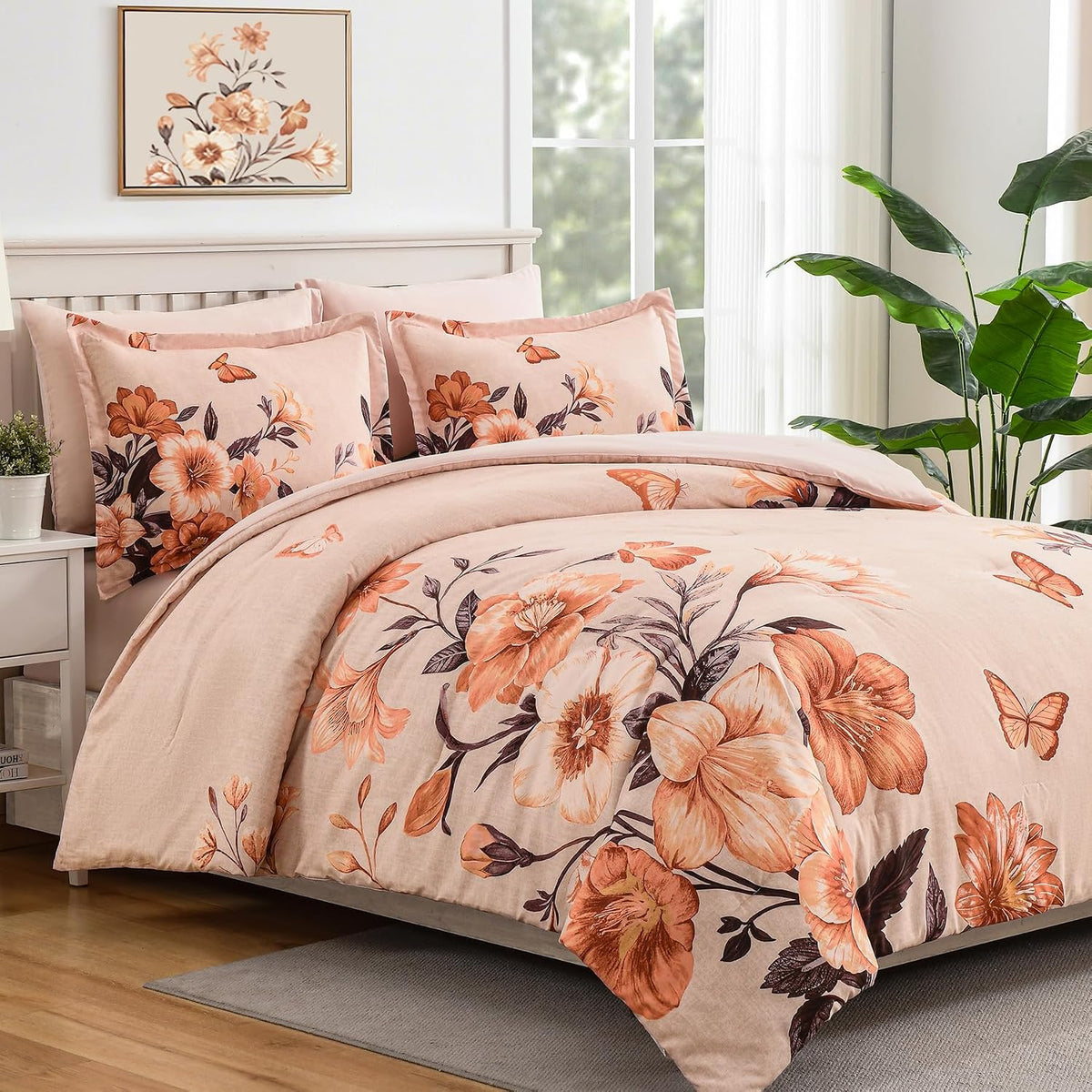 DHSFKBE Floral Comforter Set Queen Size,7 Piece Orange Bed in a Bag, Elegant Flower Pattern Comforter Set with Sheet, Soft Microfiber Complete Bedding Sets for All Season