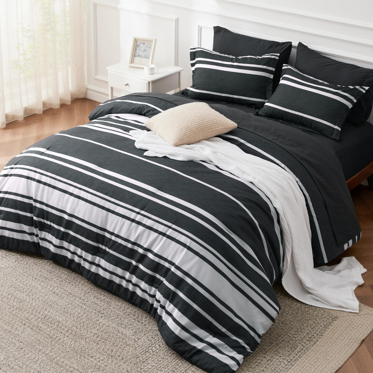 Bedsure Full Comforter Set 7 Pc, Grey Striped, Reversible, All-Season