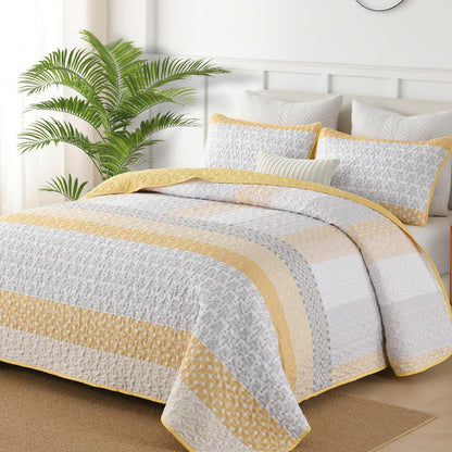 WONGS BEDDING Grey Queen Size Quilt Set, Boho Striped Bedspread