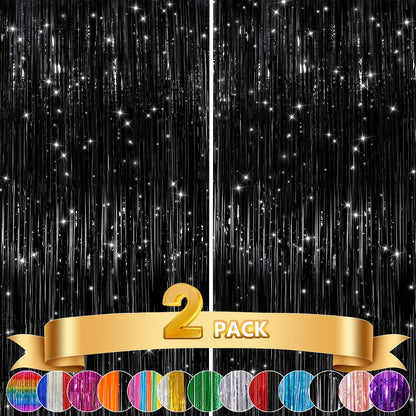 GCB 2Pack Black Metallic Tinsel Foil Fringe Curtain, Black Curtain Backdrop