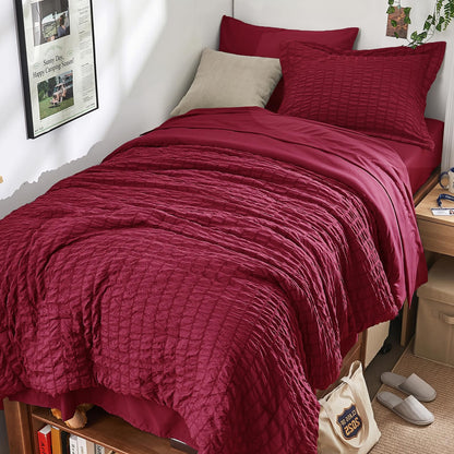 Queen Comforter Set - 7PCS Bed in a Bag, Seersucker Bedding Set, Beige