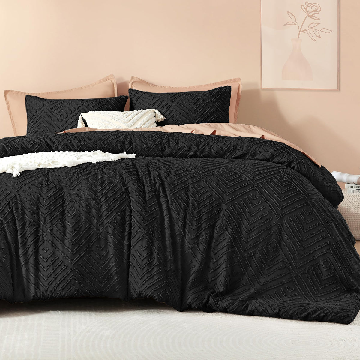 Litanika King Size Comforter Set, 3 Pieces Beige Tufted Boho Bedding Set