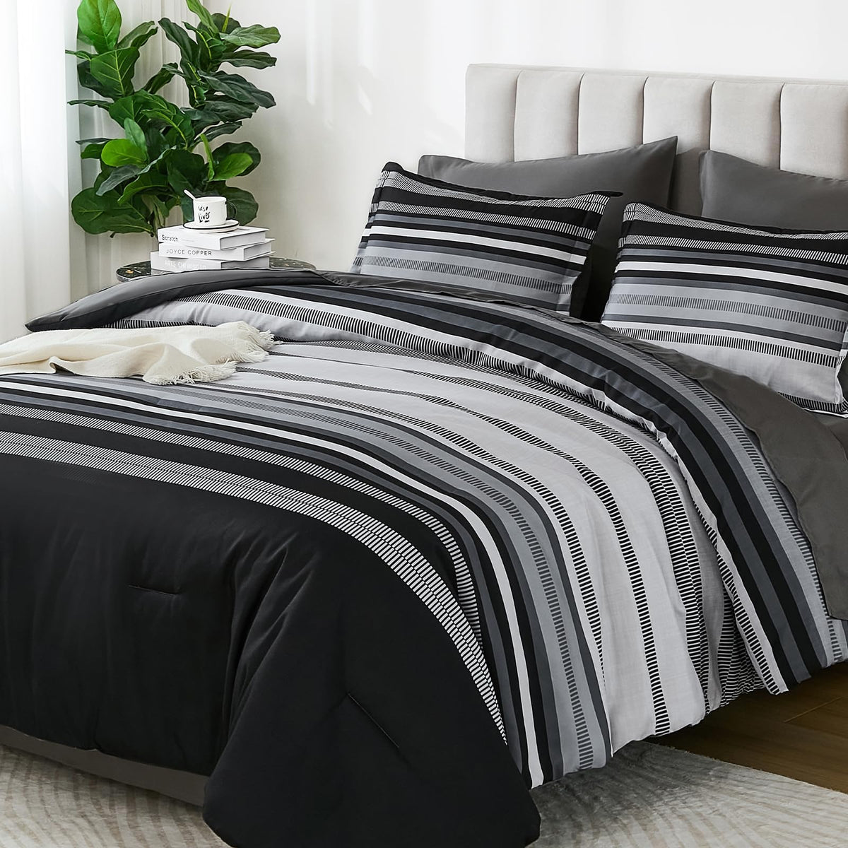 Dobuyly Teal Queen Comforter Set 7 Pieces, Blue Boho Striped Bed in a Bag Queen Size Soft Microfiber All Season Bedding Set with Comforter, Sheets, Pillowcases & Shams